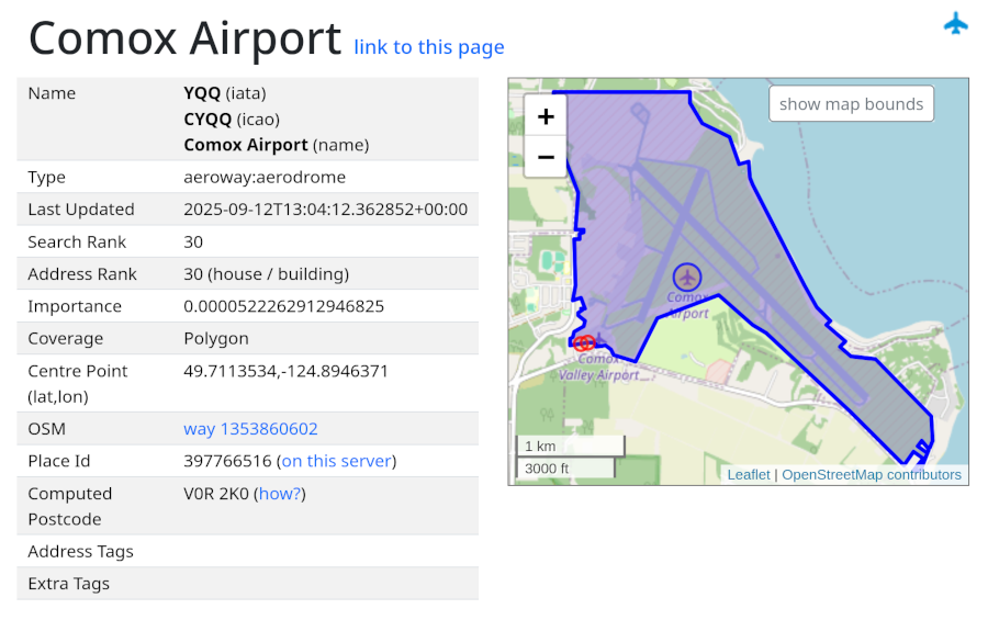 Nominatim entry for Comox Airport