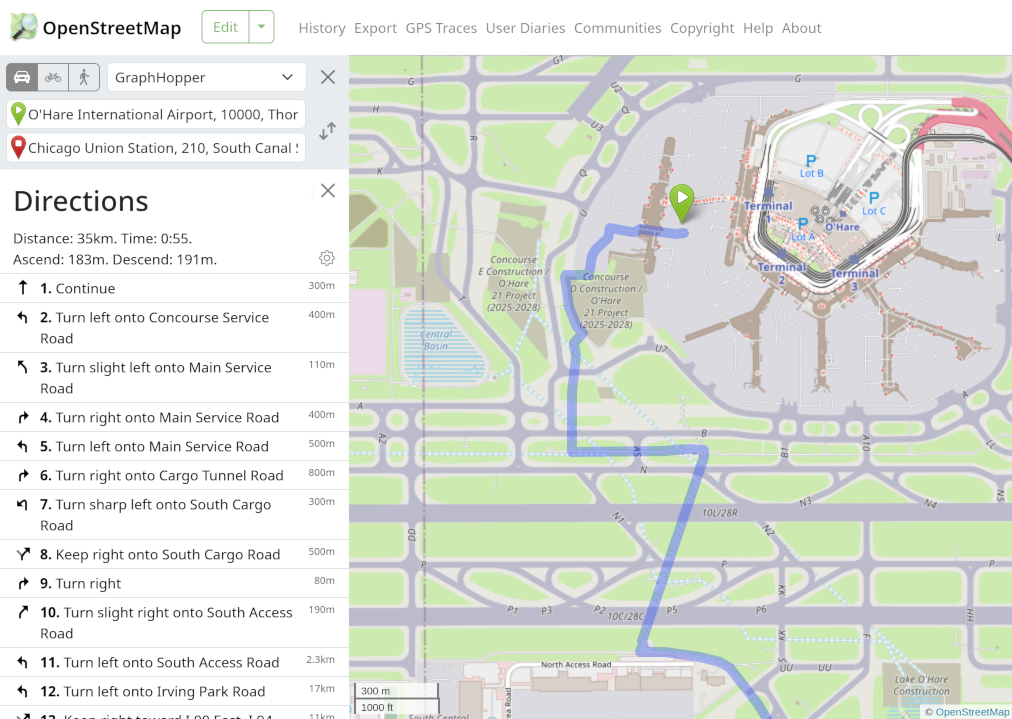 Example routing from Chicago O´Hare airport